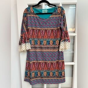 Judith March Hippie Bohemian Boho Bell Lace Sleeves Dress Southwestern Size M